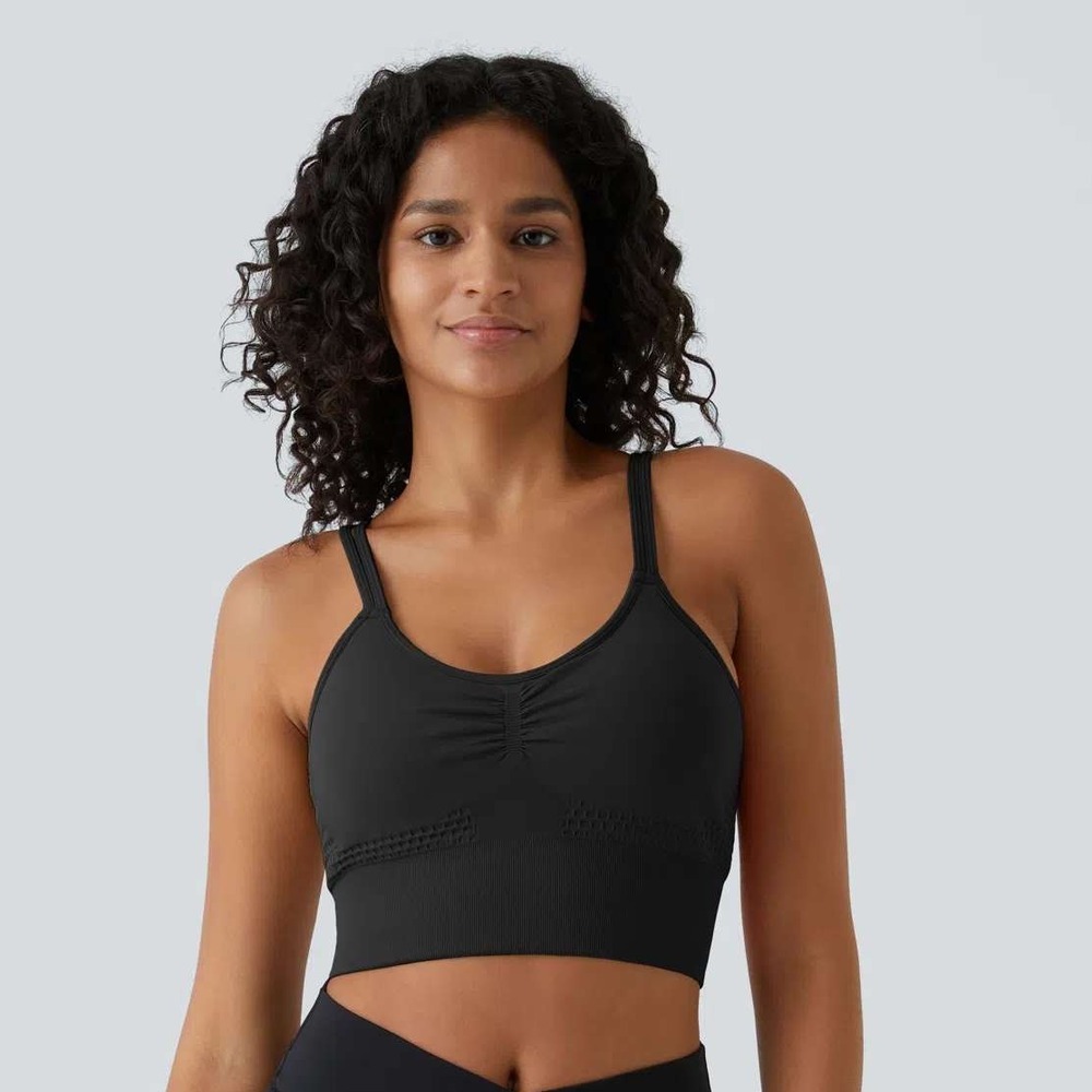 Halara‎ Seamless Flow Low Support Ruched Double Straps Sports Bra A-C Cups Black